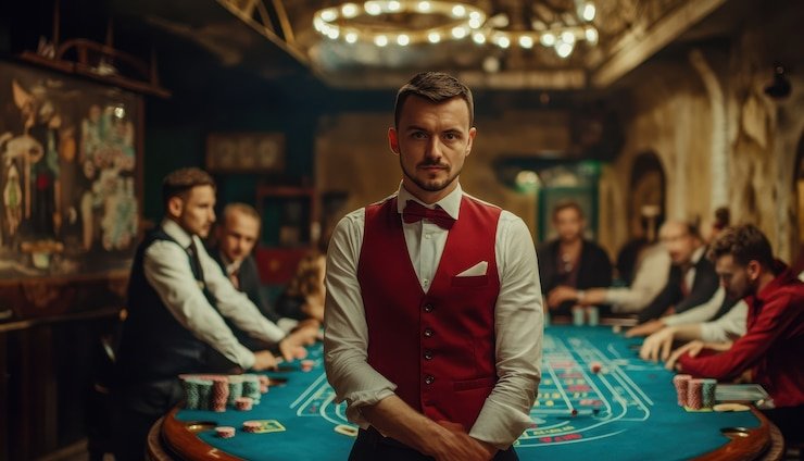 Layar permainan Red Tiger dengan dealer profesional topan win dan kartu yang jelas terlihat